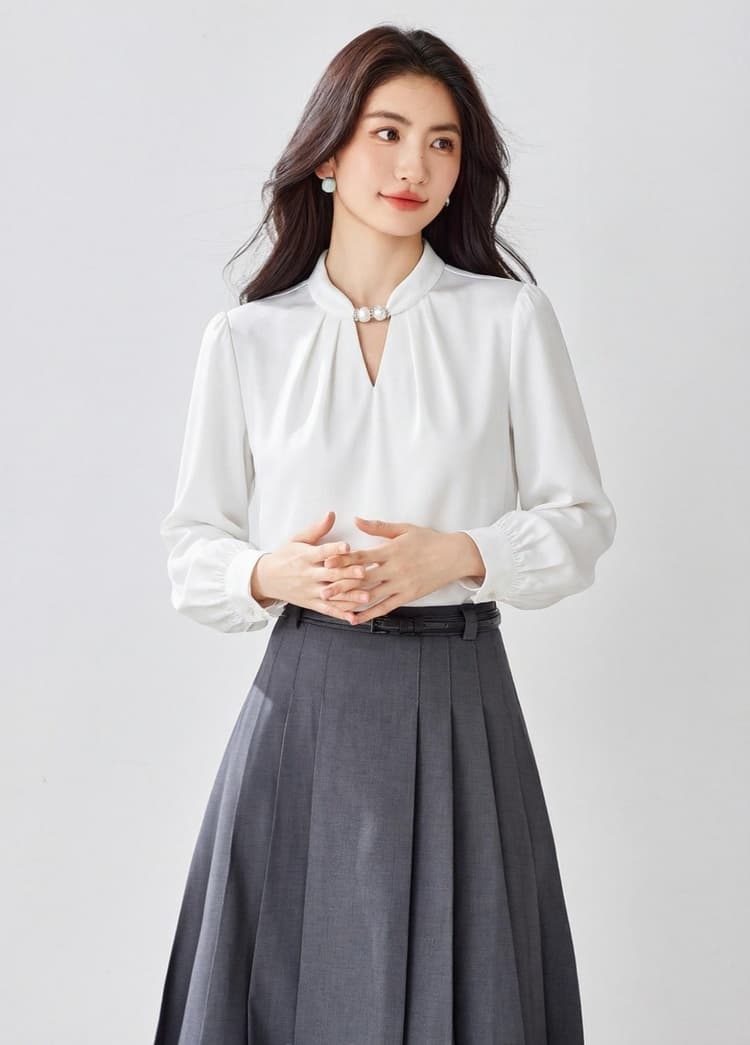 프랑스식 작은 대중 행침 목 스탠드 칼라 비즈 여성 셔츠 26 봄 가을 새로운 풀오버 새틴 품격 출퇴근 경력 맨위 상세 이미지 13