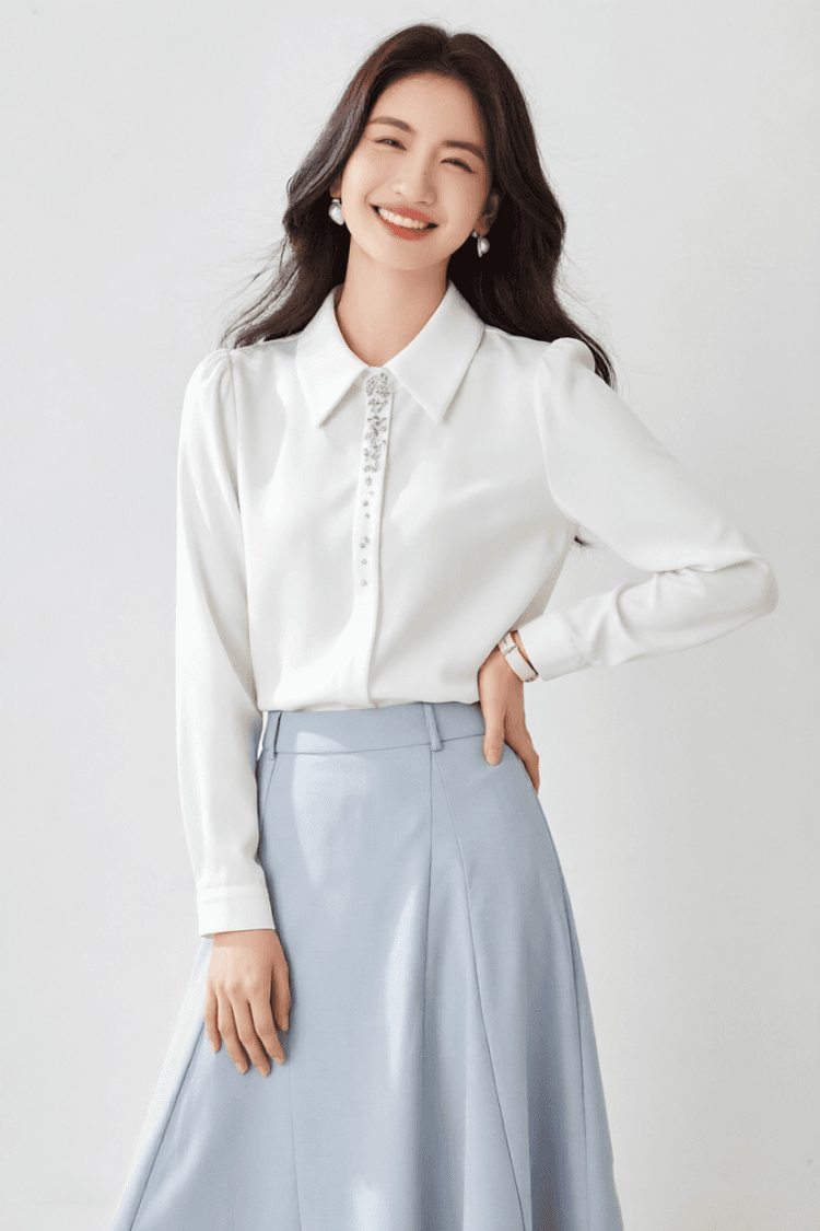 실사 2026 가을 새로운 클래식 포인터 칼라 중간 소매 셔츠 품격 직장 빛 요리 한 새틴 화이트 여성 셔츠 상세 이미지 8