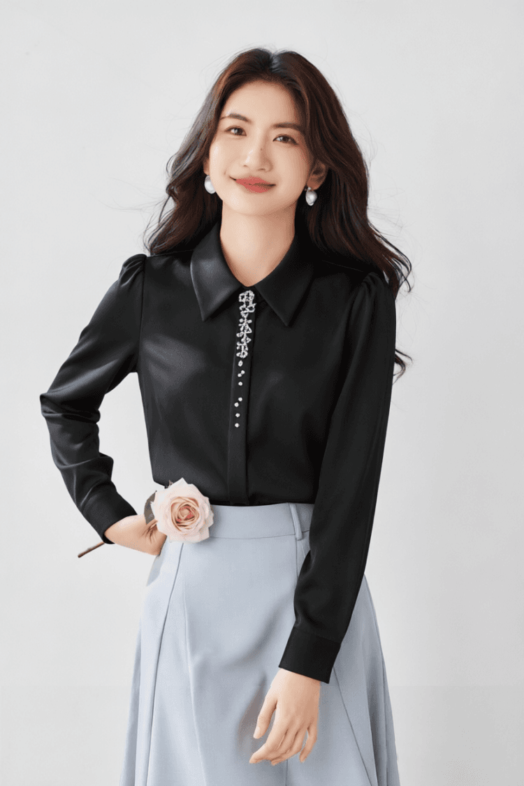 실사 2026 가을 새로운 클래식 포인터 칼라 중간 소매 셔츠 품격 직장 빛 요리 한 새틴 화이트 여성 셔츠 상세 이미지 11
