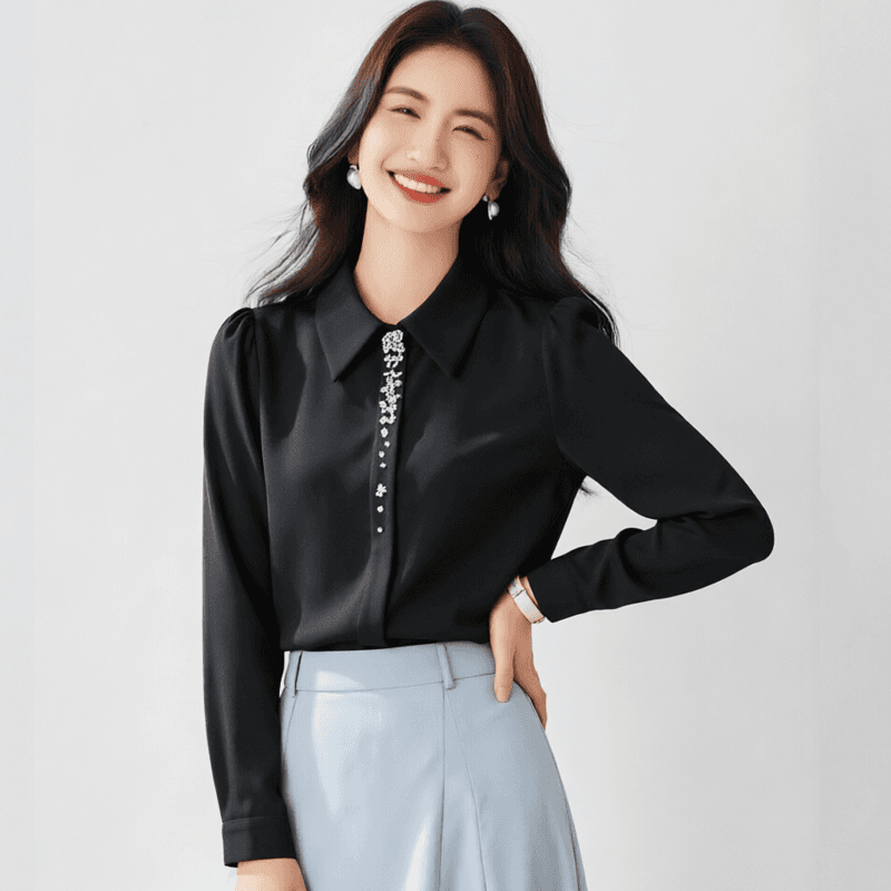실사 2026 가을 새로운 클래식 포인터 칼라 중간 소매 셔츠 품격 직장 빛 요리 한 새틴 화이트 여성 셔츠