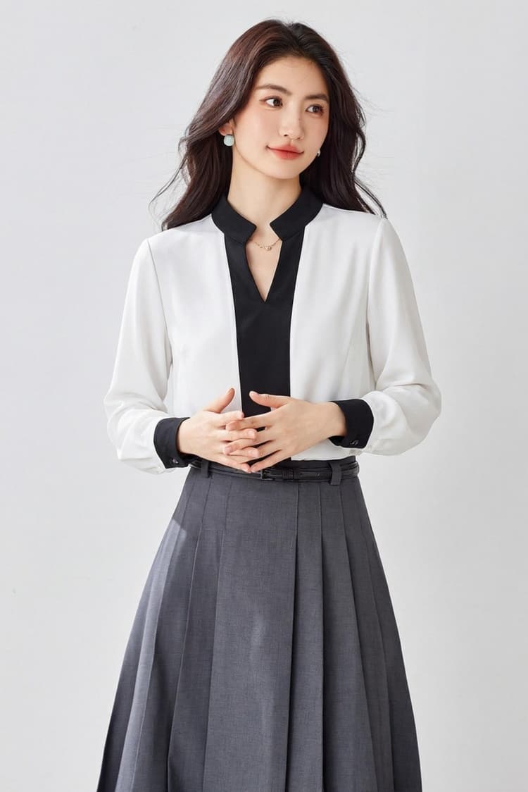 외국 가스 시폰 셔츠 여성 2026 봄 가을 새로운 V넥 배색 디자인 센스 작은 대중 ol 출퇴근 셔츠 맨위 상세 이미지 8