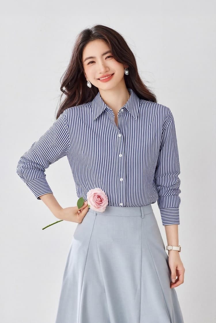 2026 봄 가을 새로운 스트라이프 여성 셔츠 디자인 센스 작은 대중 경력 긴팔 셔츠 스택 착용 다용도 맨위 상세 이미지 1