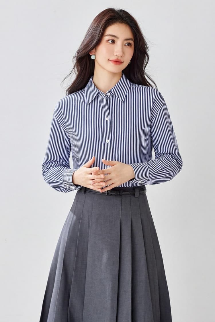 2026 봄 가을 새로운 스트라이프 여성 셔츠 디자인 센스 작은 대중 경력 긴팔 셔츠 스택 착용 다용도 맨위 상세 이미지 8