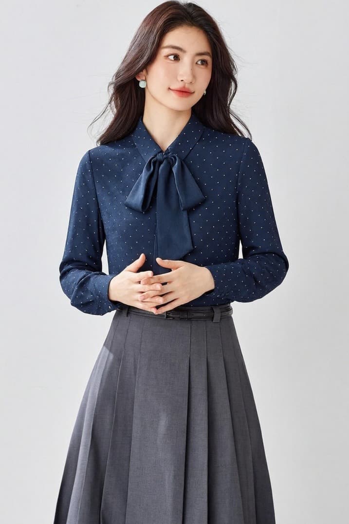 나비 매듭 셔츠 여성 긴 소매 가을 디자인 센스 작은 대중 도트 무늬 프린트 쉬폰 톱 패션 비즈니스웨어 셔츠 이미지 6