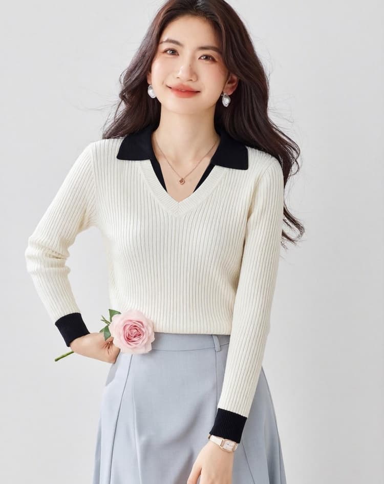 느긋한 바람 배색 긴팔 니트 스웨터 여성 2026 가을 새로운 디자인 센스 작은 대중 루즈핏 페이크 레이어드 맨위 상세 이미지 1