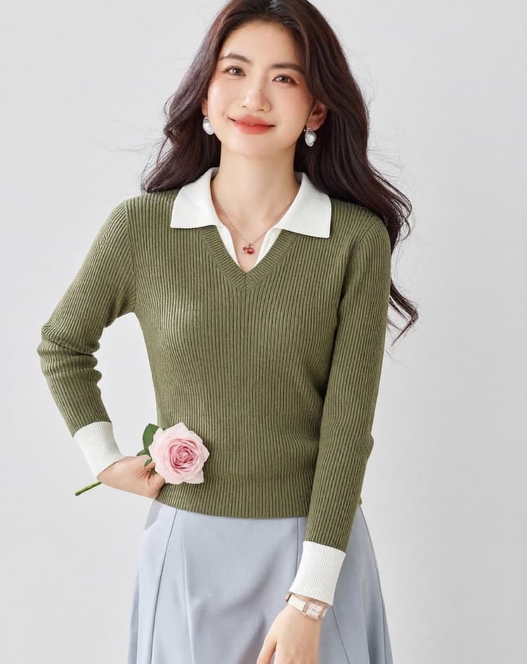 느긋한 바람 배색 긴팔 니트 스웨터 여성 2026 가을 새로운 디자인 센스 작은 대중 루즈핏 페이크 레이어드 맨위 상세 이미지 2