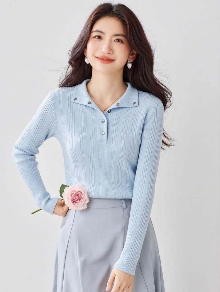 2026 년 가을 새로운 활력 박하 바람 부드러운 바람 몸매 가꾸기 반 개방 칼라 니트 스웨터 여성 긴 소매 작은 키 상세 이미지 4
