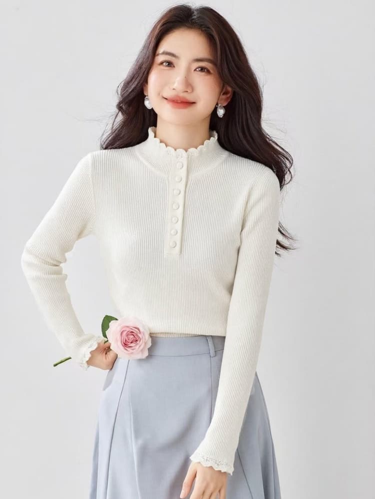 한 부서 회색 레이스 반하이넥 니트 기본 셔츠 여성 가을 겨울 디자인 센스 작은 대중 스웨터 인사이드 가져 가라. 긴팔 맨위 상세 이미지 4