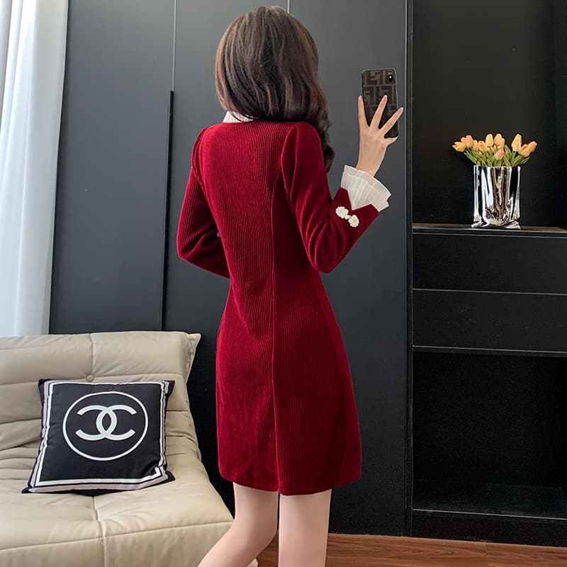 실사 프릴 패치워크 나팔 소매 패션 달콤함 몸매 가꾸기 만나는 다용도 단추 드레스 이미지 5