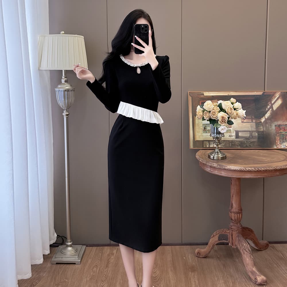 실사 빅 사이즈 패션 비즈 박기 무거운 작업 패치워크 슬림해 보이는 프릴 품격 슬림해 보이는 드레스 이미지 4