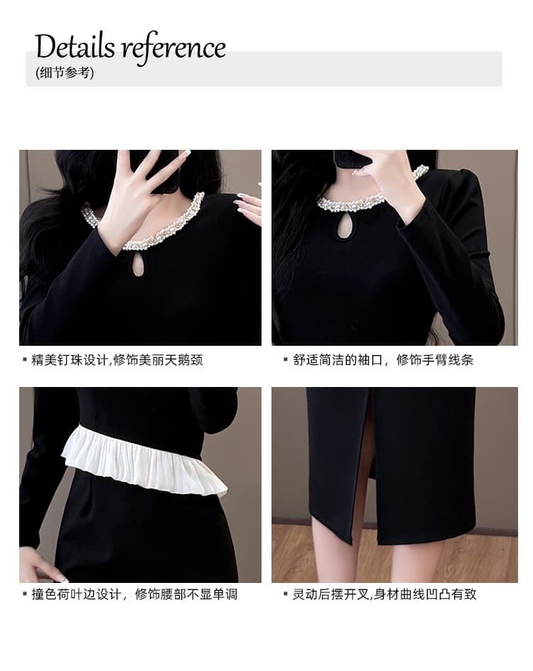 실사 빅 사이즈 패션 비즈 박기 무거운 작업 패치워크 슬림해 보이는 프릴 품격 슬림해 보이는 드레스 상세 이미지 5