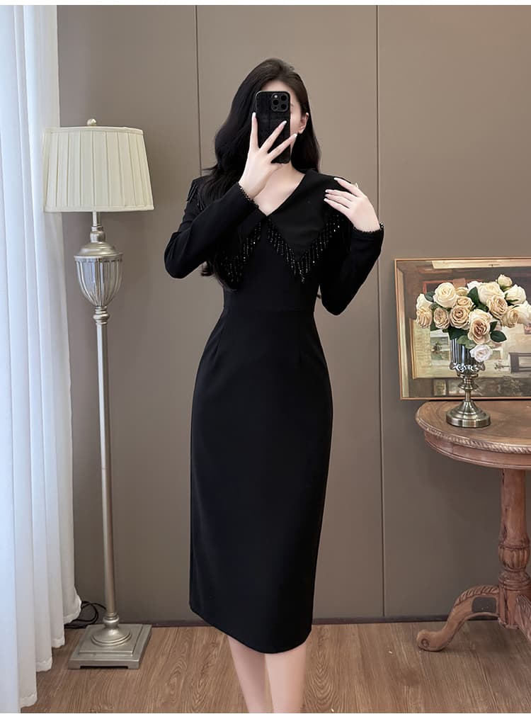 실사 빅 사이즈 패션 가을 겨울 프랑스식 폴로 칼라 비즈 박기 술 무거운 작업 품격 슬림해 보이는 그는 벤 바람 작은 검은 드레스 상세 이미지 9