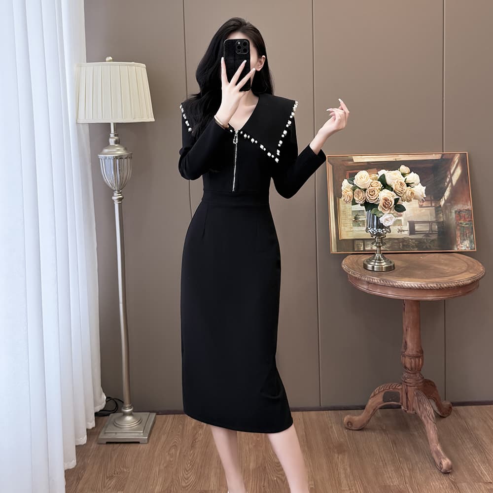 실사 가을 겨울 빅 사이즈 패션 폴로 칼라 비즈 박기 무거운 작업 품격 슬림해 보이는 그는 벤 바람 드레스 이미지 2