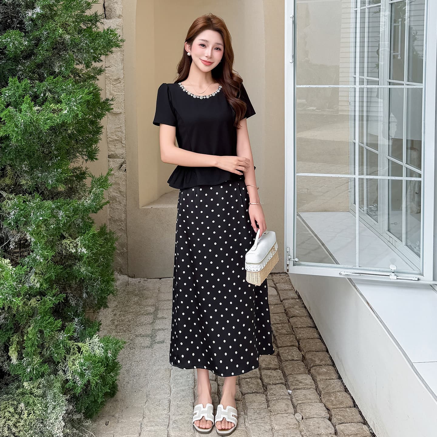 실사 빅 사이즈 비즈 박기 빛 럭셔리 품격 라운드 넥 패치워크 도트 무늬 반신 스커트 투피스 세트 이미지 6