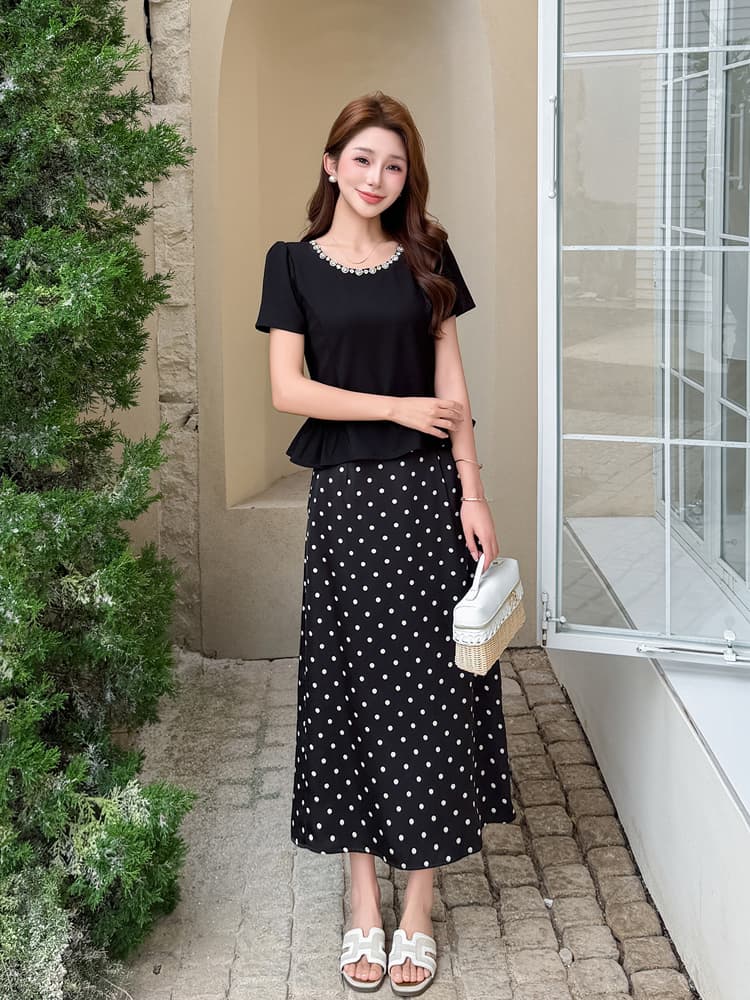 실사 빅 사이즈 비즈 박기 빛 럭셔리 품격 라운드 넥 패치워크 도트 무늬 반신 스커트 투피스 세트 상세 이미지 23