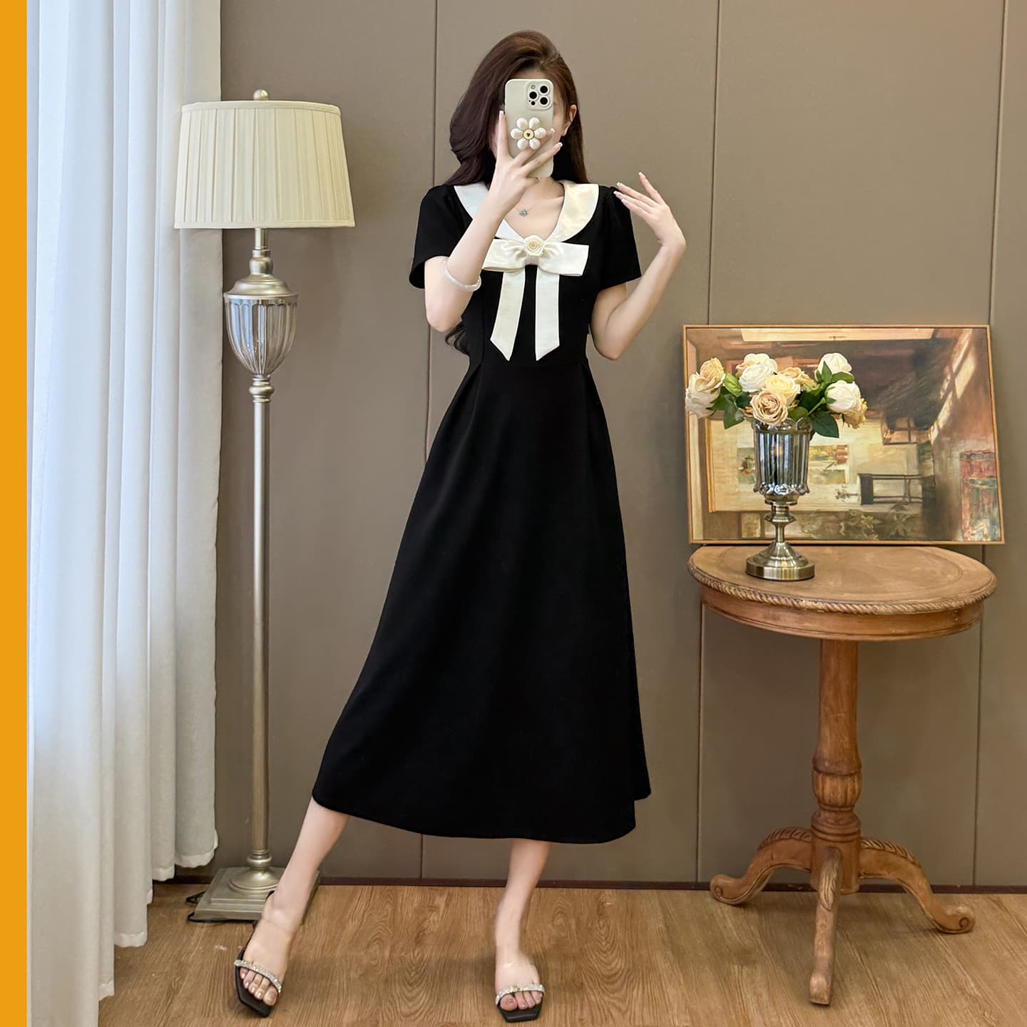 실사 있음 선적 여름 베이비 칼라 패치워크 그는 벤 바람 나비 매듭 슬림해 보이는 드레스 이미지 2