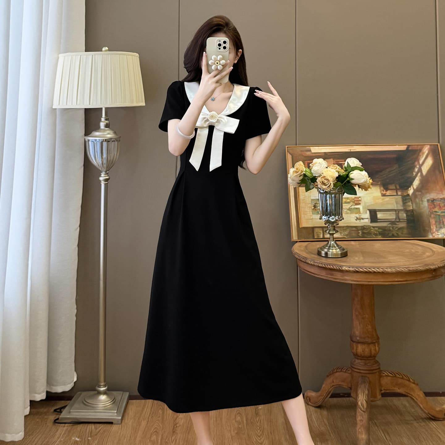 실사 있음 선적 여름 베이비 칼라 패치워크 그는 벤 바람 나비 매듭 슬림해 보이는 드레스 이미지 5