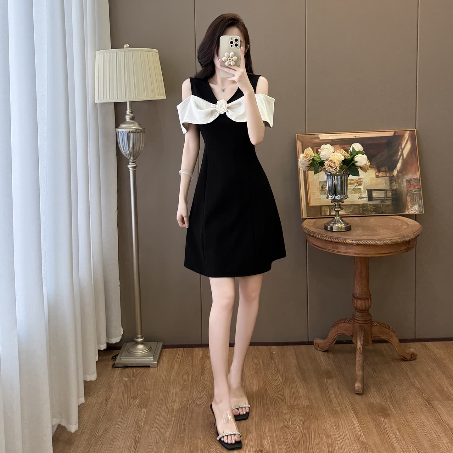 실사 있음 선적 빅 사이즈 오프숄더 패치워크 프랑스식 품격 우아함 길다 쇼트 스타일 드레스 이미지 4