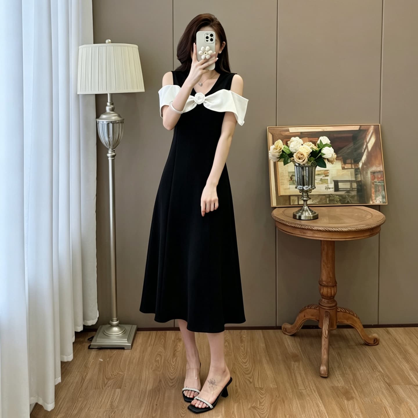 실사 있음 선적 빅 사이즈 오프숄더 패치워크 프랑스식 품격 우아함 길다 쇼트 스타일 드레스 이미지 3