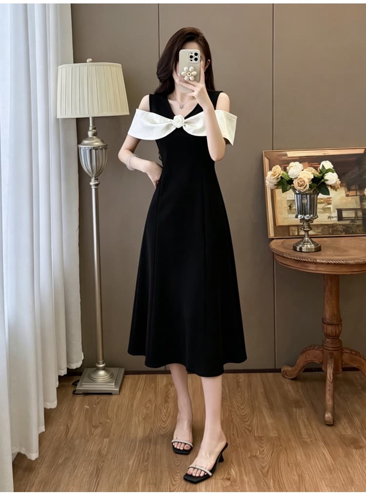 실사 있음 선적 빅 사이즈 오프숄더 패치워크 프랑스식 품격 우아함 길다 쇼트 스타일 드레스 상세 이미지 7