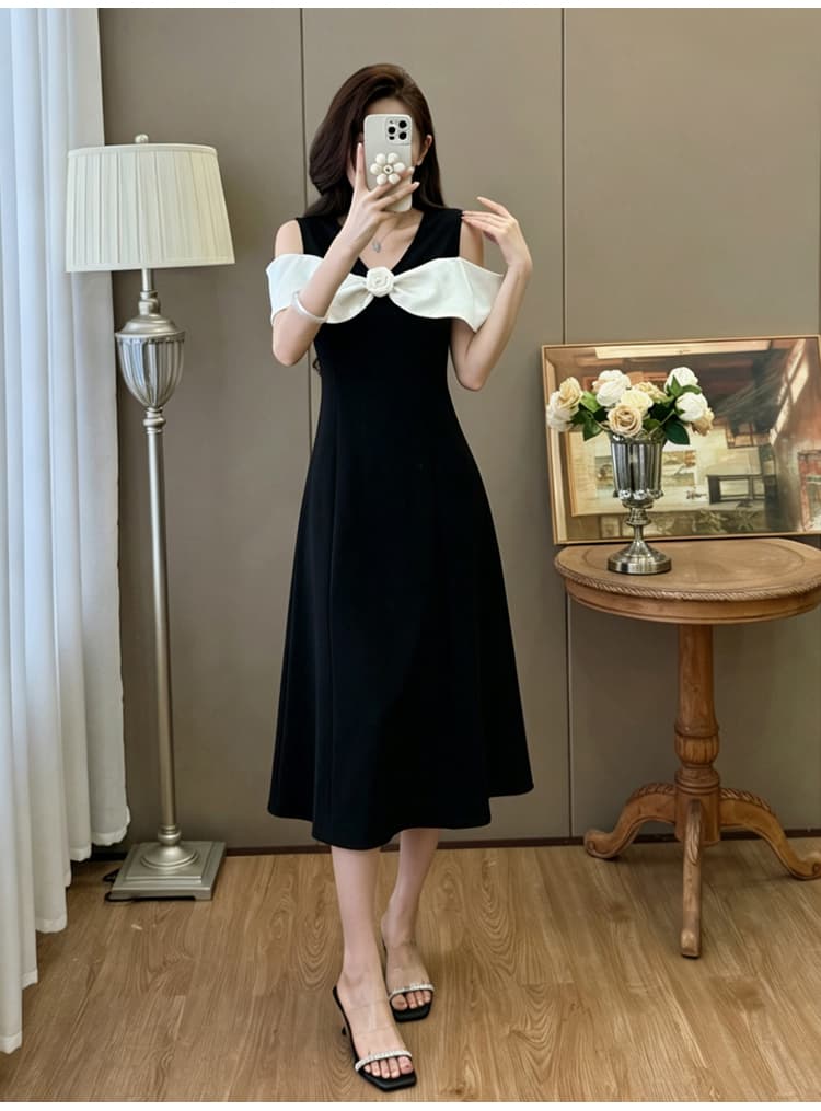실사 있음 선적 빅 사이즈 오프숄더 패치워크 프랑스식 품격 우아함 길다 쇼트 스타일 드레스 상세 이미지 9