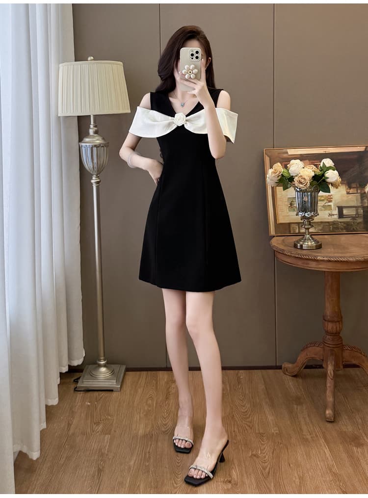 실사 있음 선적 빅 사이즈 오프숄더 패치워크 프랑스식 품격 우아함 길다 쇼트 스타일 드레스 상세 이미지 14