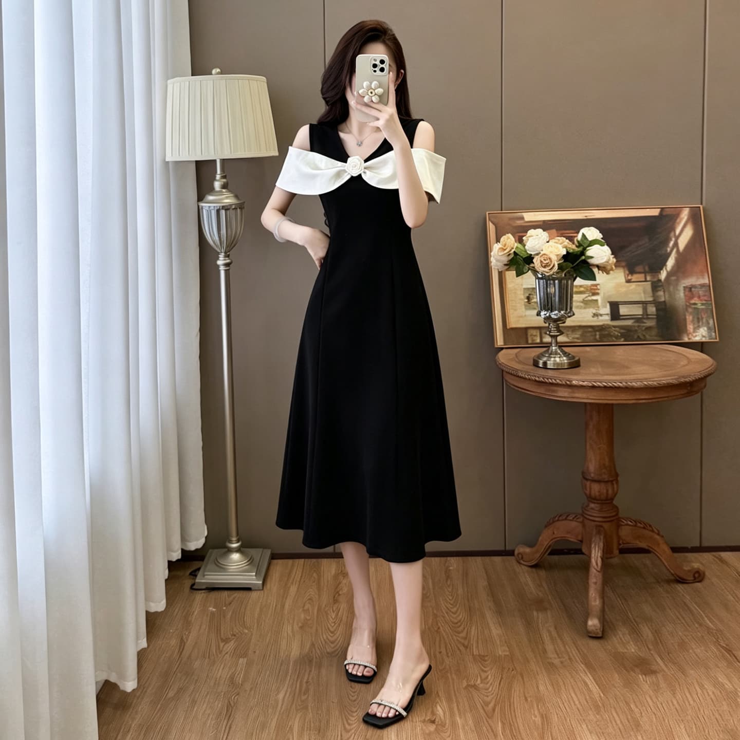 실사 있음 선적 빅 사이즈 오프숄더 패치워크 프랑스식 품격 우아함 길다 쇼트 스타일 드레스 이미지 2