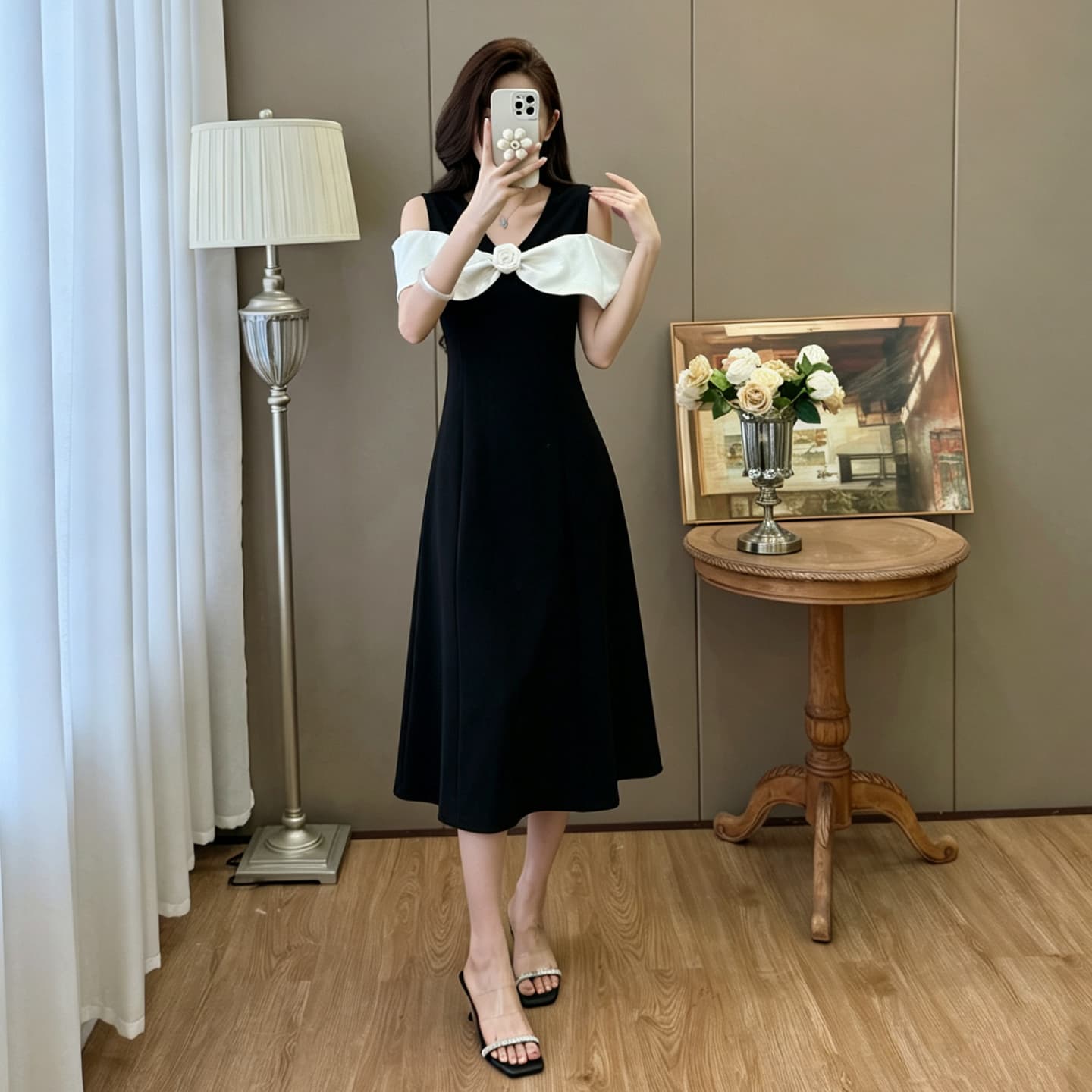 실사 있음 선적 빅 사이즈 오프숄더 패치워크 프랑스식 품격 우아함 길다 쇼트 스타일 드레스 이미지 3
