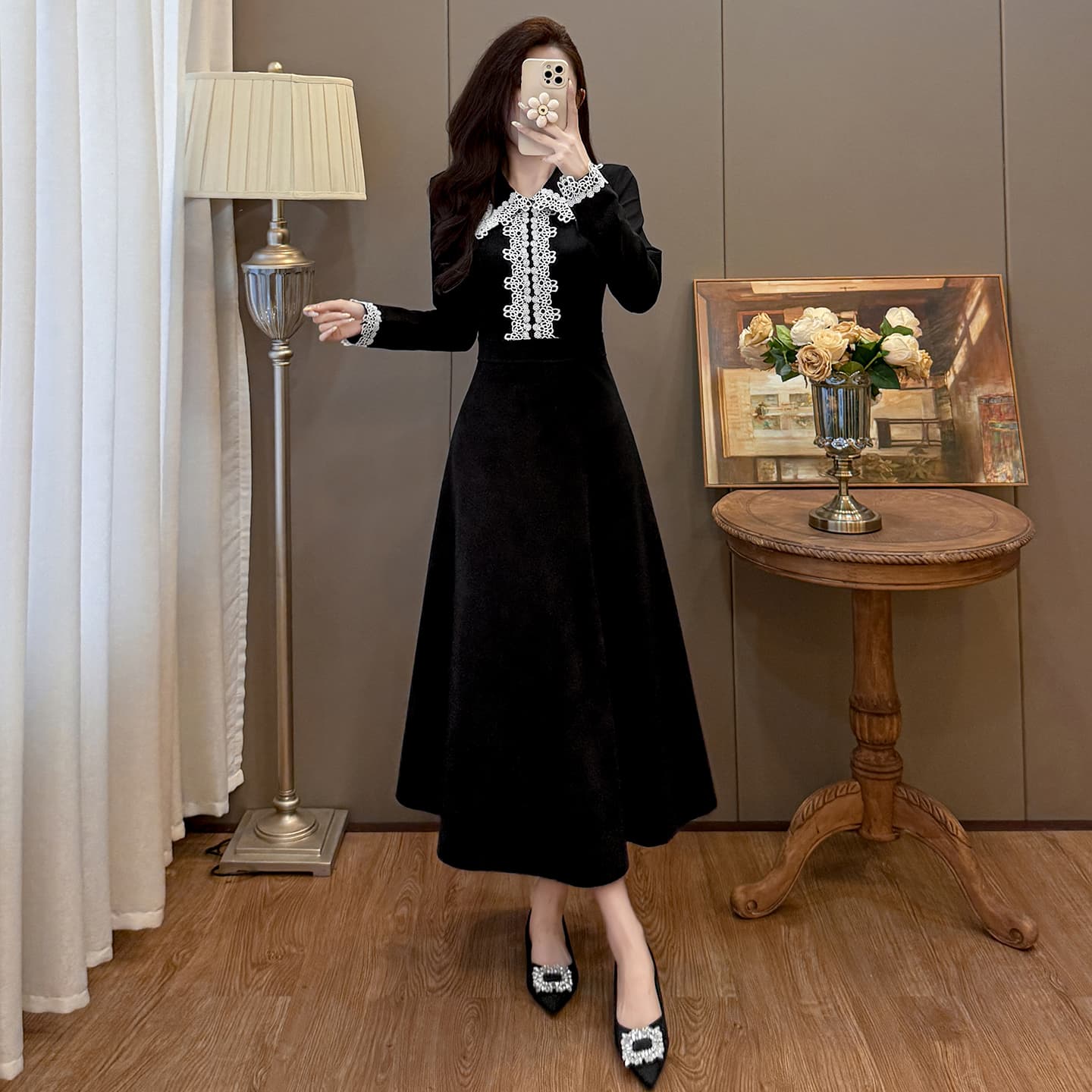 실사 있음 선적 가을 겨울 빅 사이즈 그는 벤 바람 패치워크 레이스 품격 우아함 슬림해 보이는 롱 코트 드레스 이미지 4