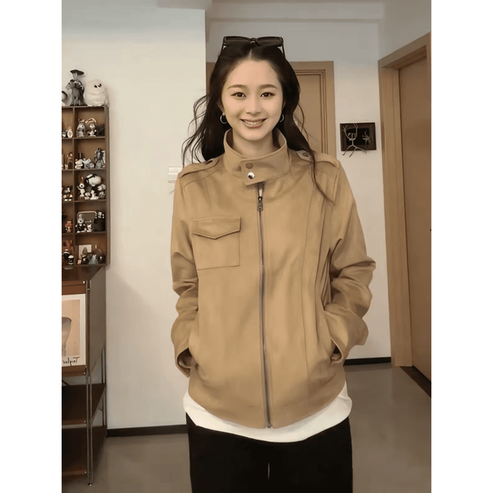 레트로 브라운 스탠드 칼라 스웨이드 원단 여성 코트 이른 봄 새로운 아름다움 라드. 바람 재킷 슬림해 보이는 작은 키 짧은 맨위 이미지 5