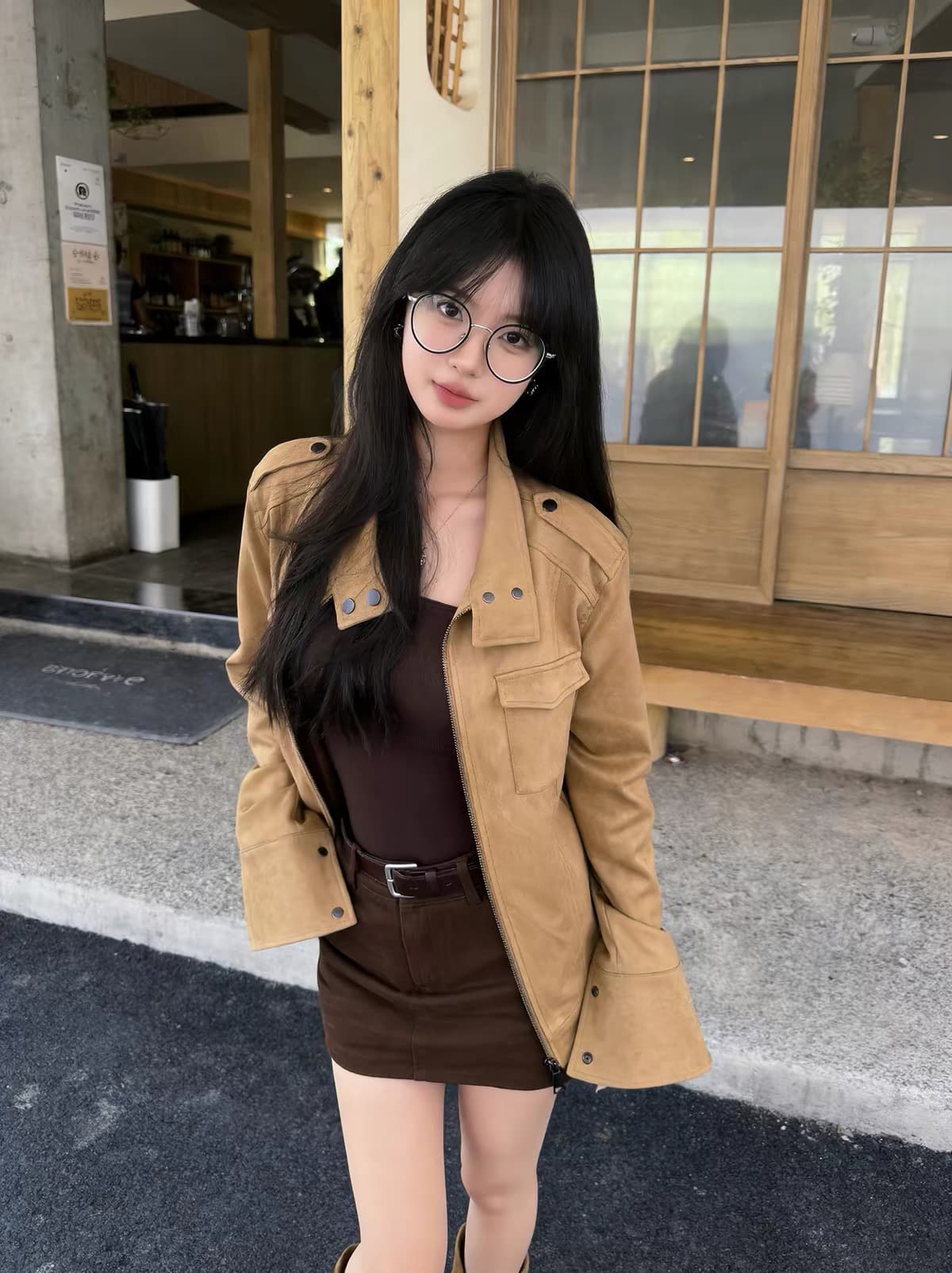레트로 브라운 스탠드 칼라 스웨이드 원단 여성 코트 이른 봄 새로운 아름다움 라드. 바람 재킷 슬림해 보이는 작은 키 짧은 맨위 상세 이미지 9