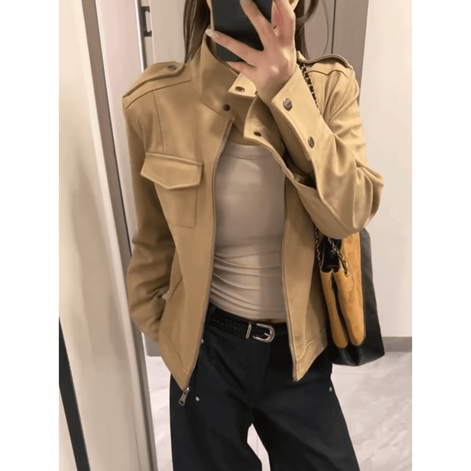 레트로 브라운 스탠드 칼라 스웨이드 원단 여성 코트 이른 봄 새로운 아름다움 라드. 바람 재킷 슬림해 보이는 작은 키 짧은 맨위 이미지 5