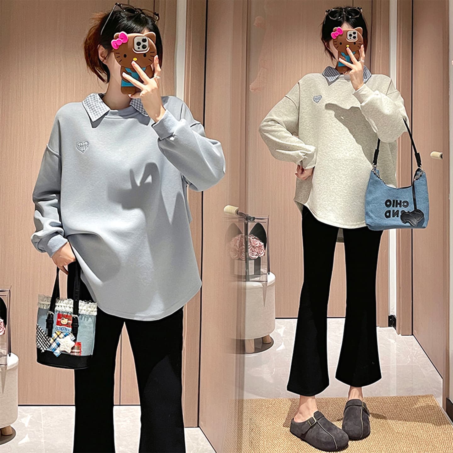임산부 후드티 패션 가을 체크무늬 칼라 긴팔 가을 의상 맨위 이미지 2