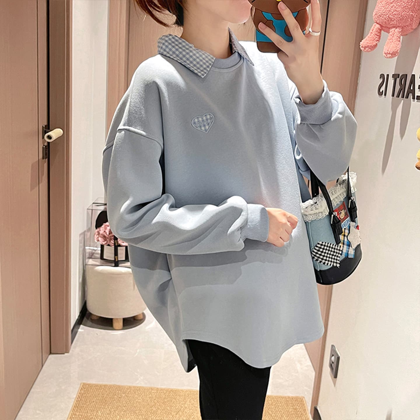 임산부 후드티 패션 가을 체크무늬 칼라 긴팔 가을 의상 맨위 이미지 3