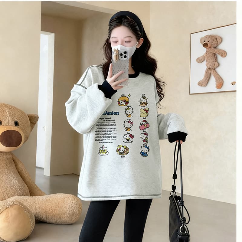 임산부 맨위 가을 겨울 긴팔 패션 만화 프린트 귀여운 느긋한 바람 이미지 4