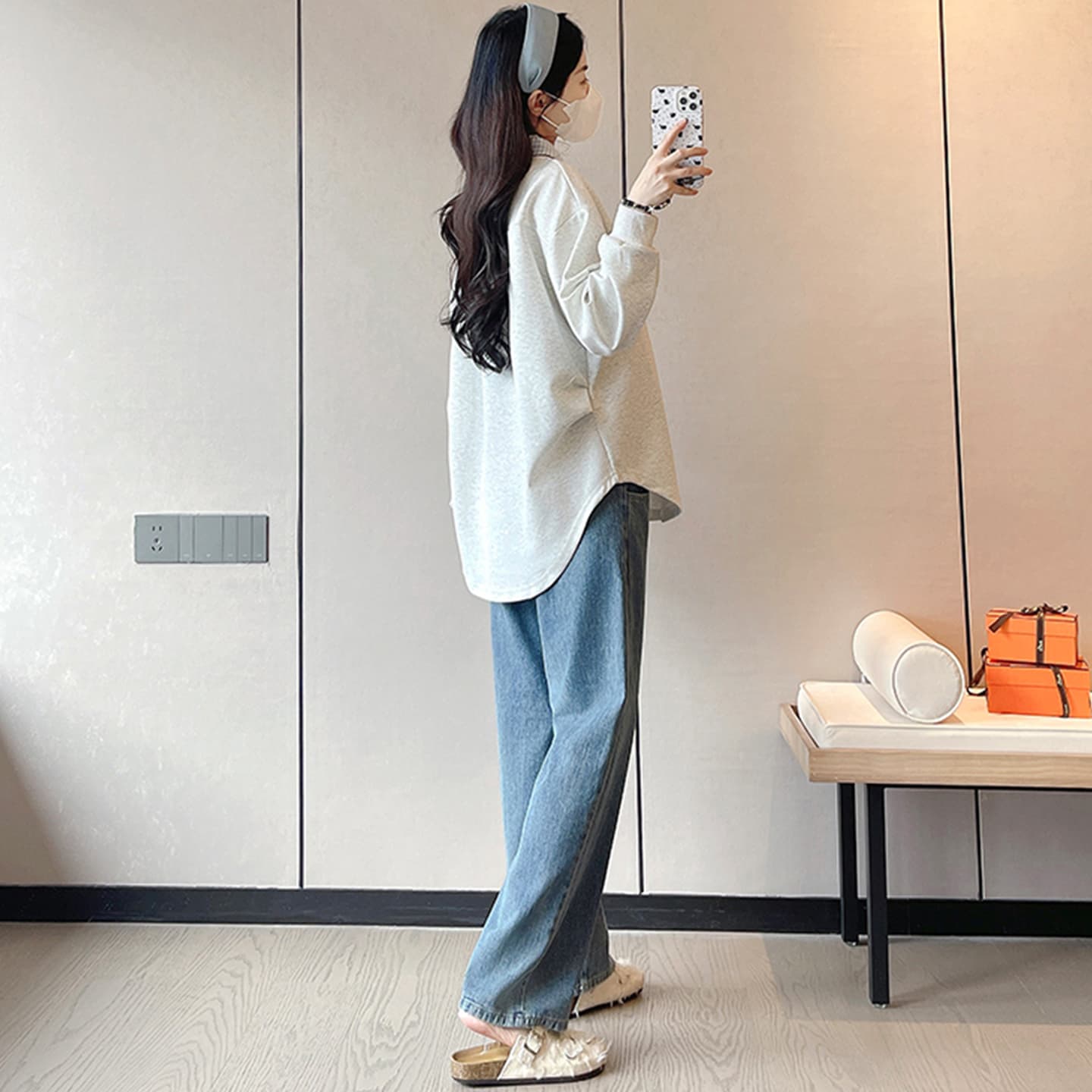 임산부 후드티 패션 체크무늬 칼라 긴팔 봄과 가을 옷 맨위 이미지 5