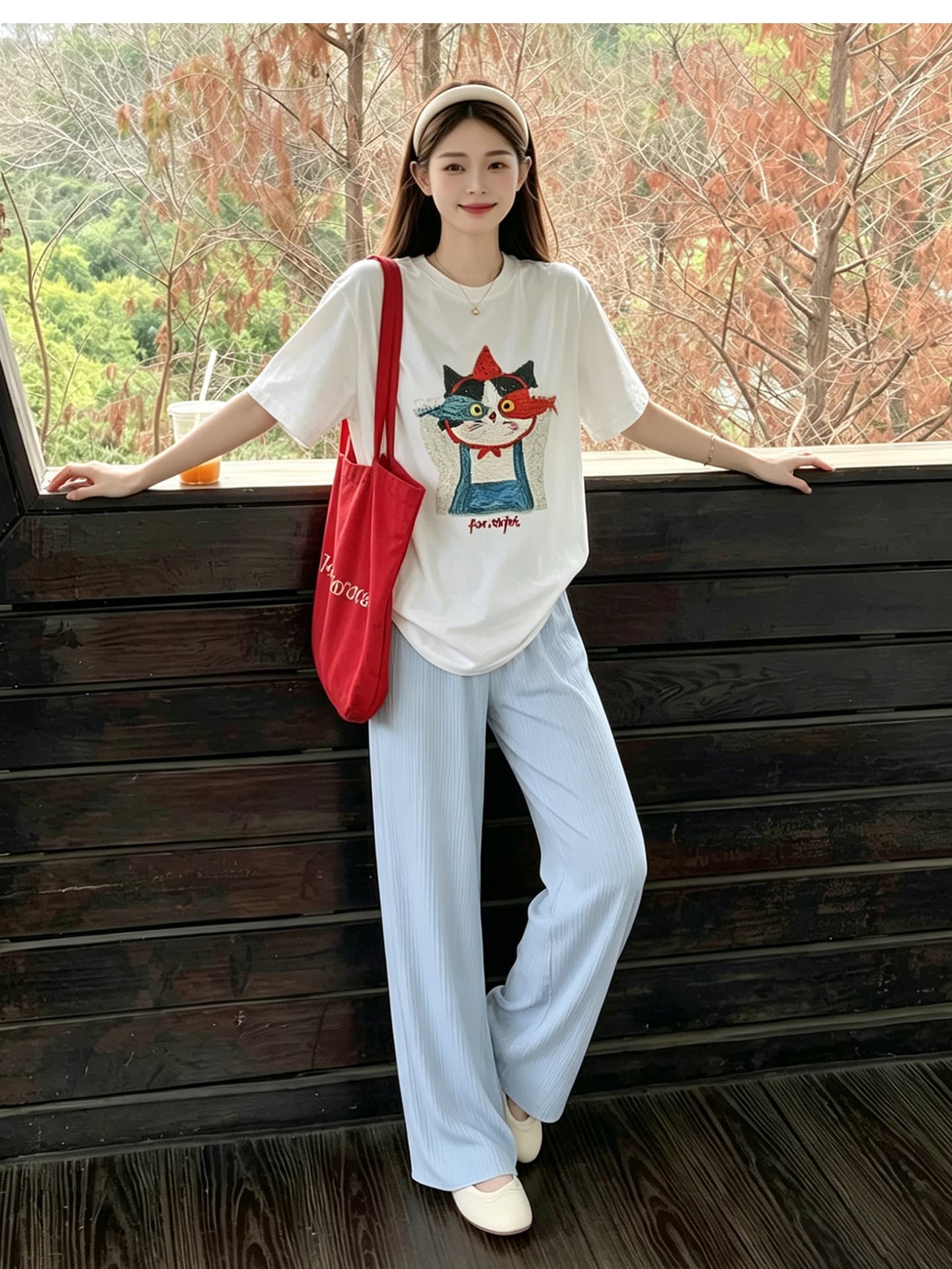 임산부 세트 여름 외출용 얇은 스타일 루즈핏 중간 길이 반팔 맨위 상세 이미지 11