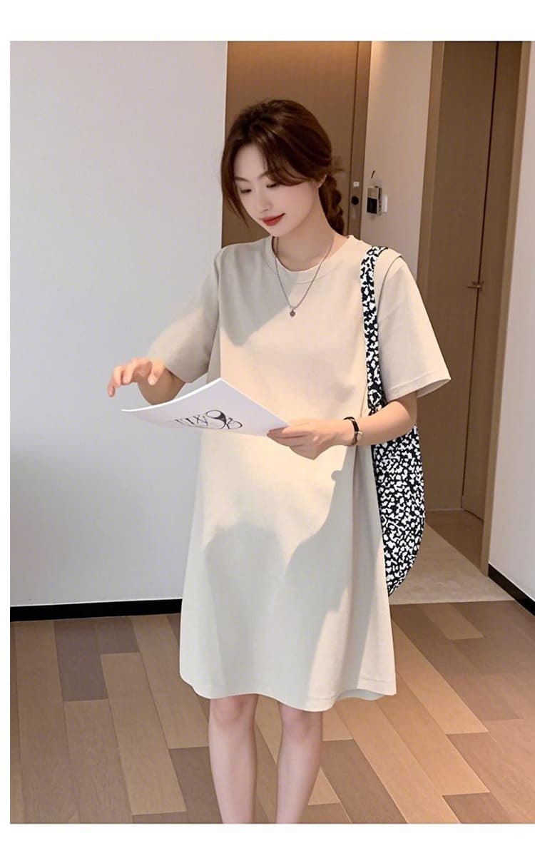 임산부 드레스 중간 길이 여름 드레스 여름 섹션 삽입 어깨 티셔츠 여름 한국 스타일 루즈핏 반팔 상세 이미지 13