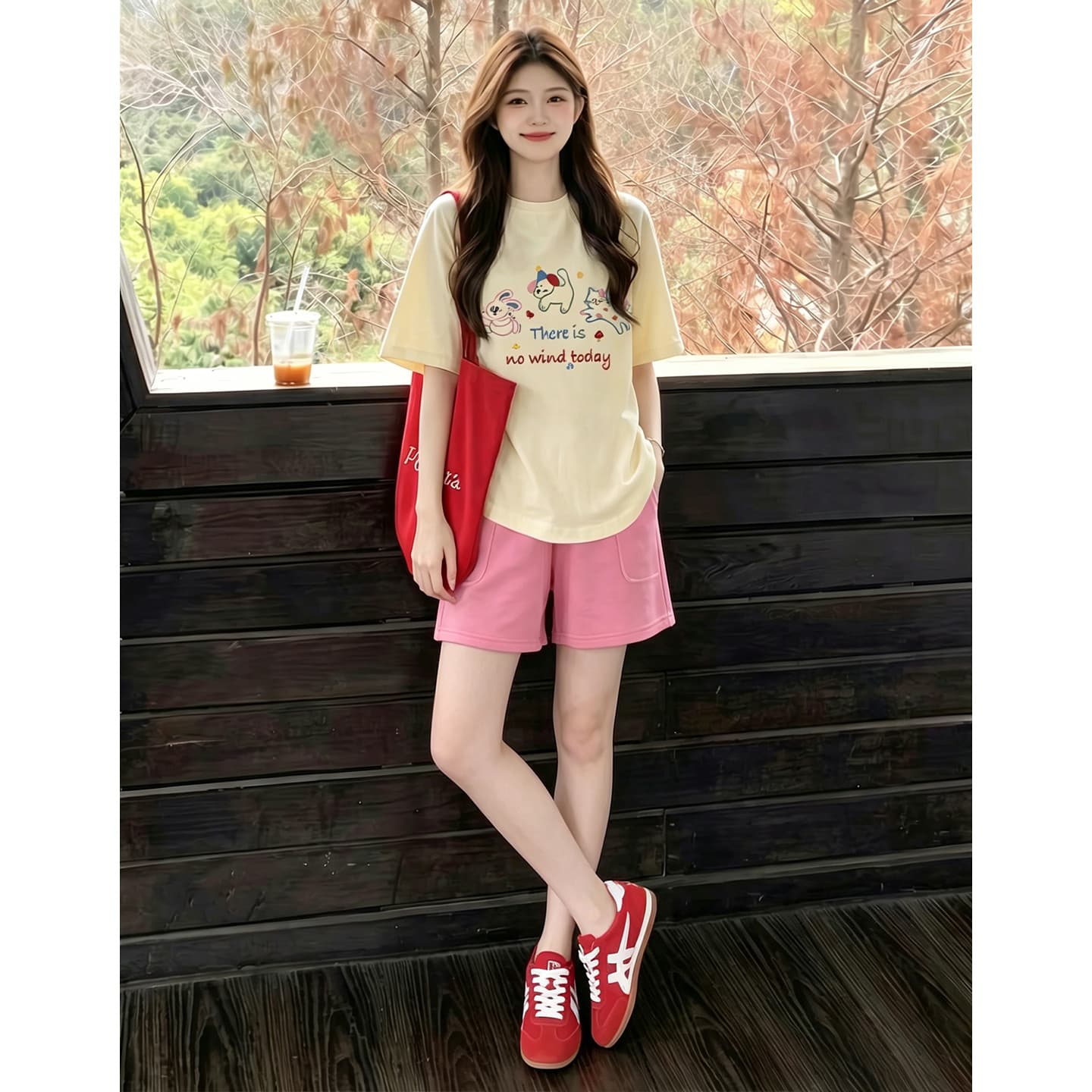임산부 티셔츠 맨위 여름 외출용 얇은 스타일 패션 세트 투피스 세트 이미지 4