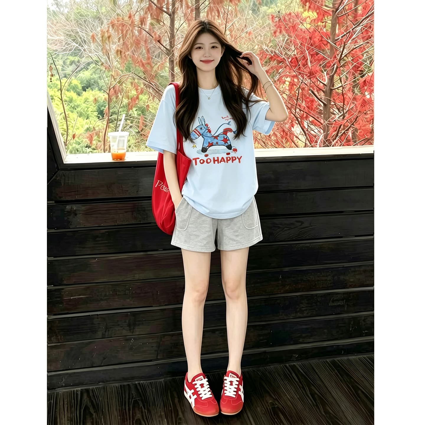 임산부 티셔츠 맨위 여름 외출용 얇은 스타일 패션 세트 투피스 세트 이미지 2