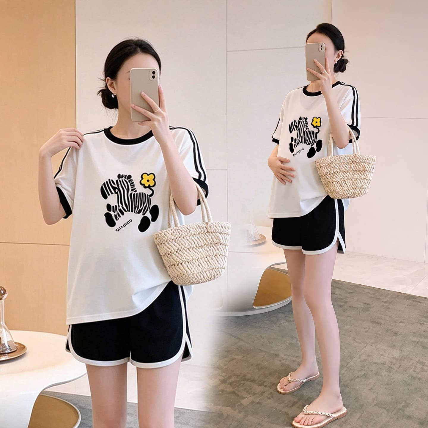 임산부 세트 여름 새로운 한국 스타일 루즈핏 패션 임산부 투피스 세트 맨위 반바지