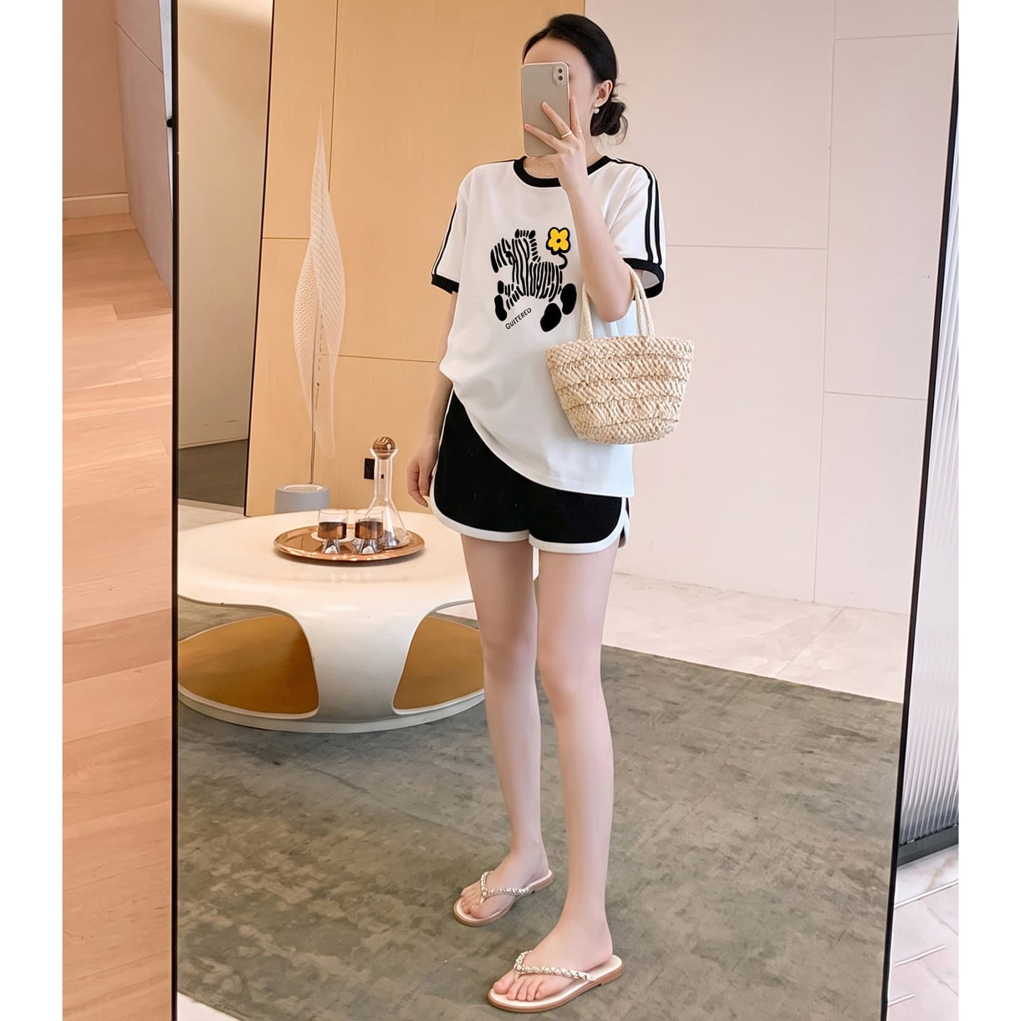 임산부 세트 여름 새로운 한국 스타일 루즈핏 패션 임산부 투피스 세트 맨위 반바지 이미지 2