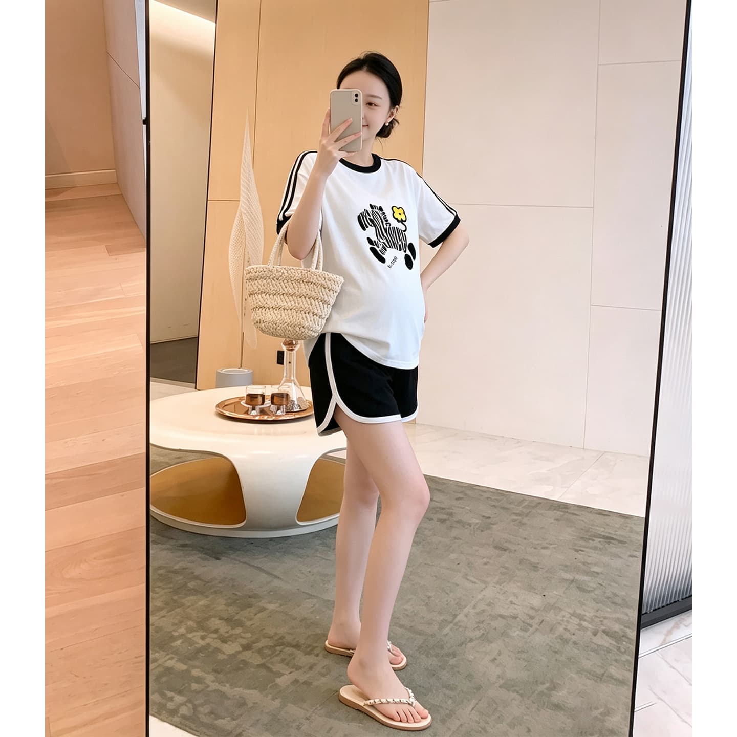임산부 세트 여름 새로운 한국 스타일 루즈핏 패션 임산부 투피스 세트 맨위 반바지 이미지 4