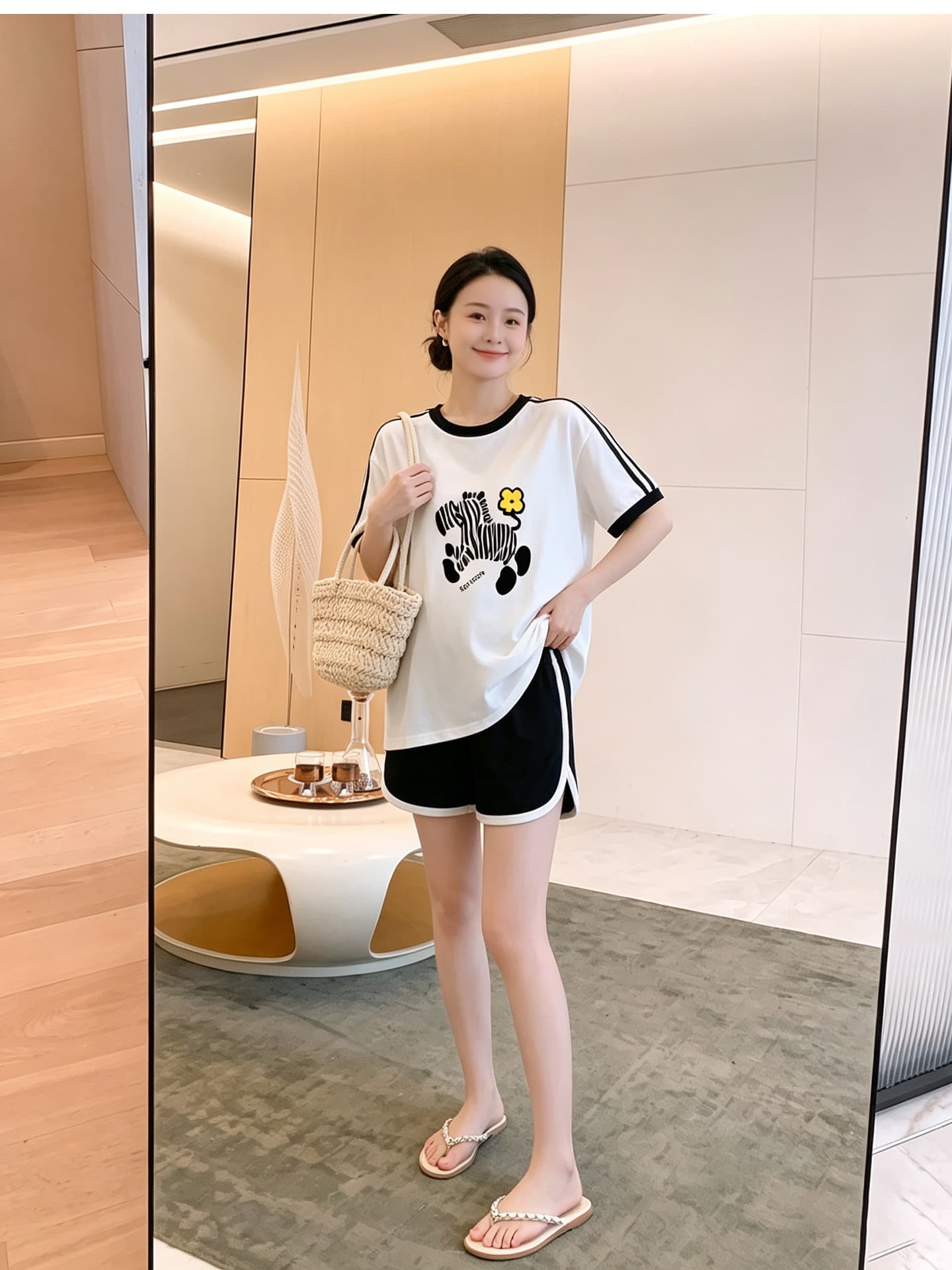 임산부 세트 여름 새로운 한국 스타일 루즈핏 패션 임산부 투피스 세트 맨위 반바지 상세 이미지 2