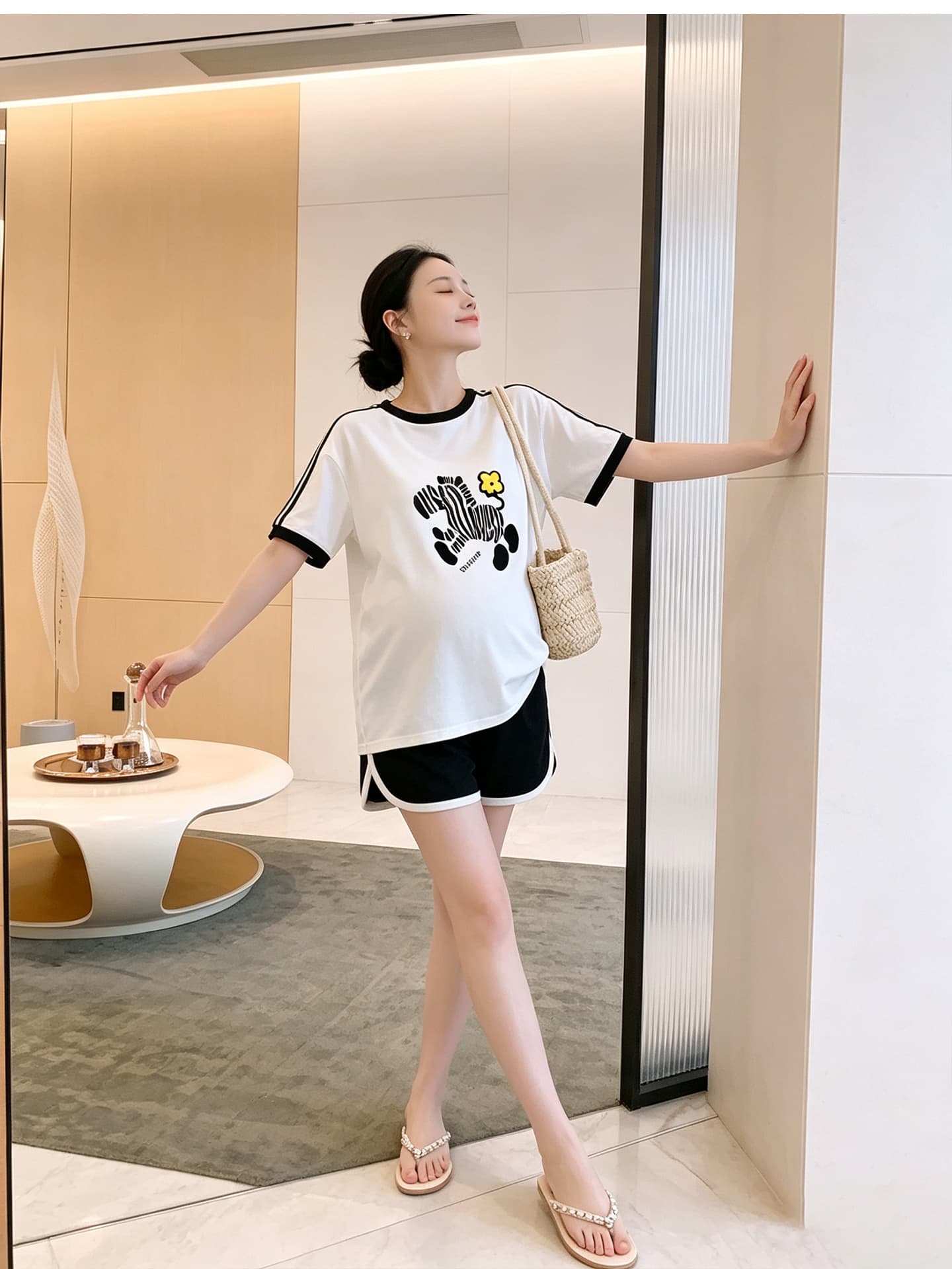 임산부 세트 여름 새로운 한국 스타일 루즈핏 패션 임산부 투피스 세트 맨위 반바지 상세 이미지 4