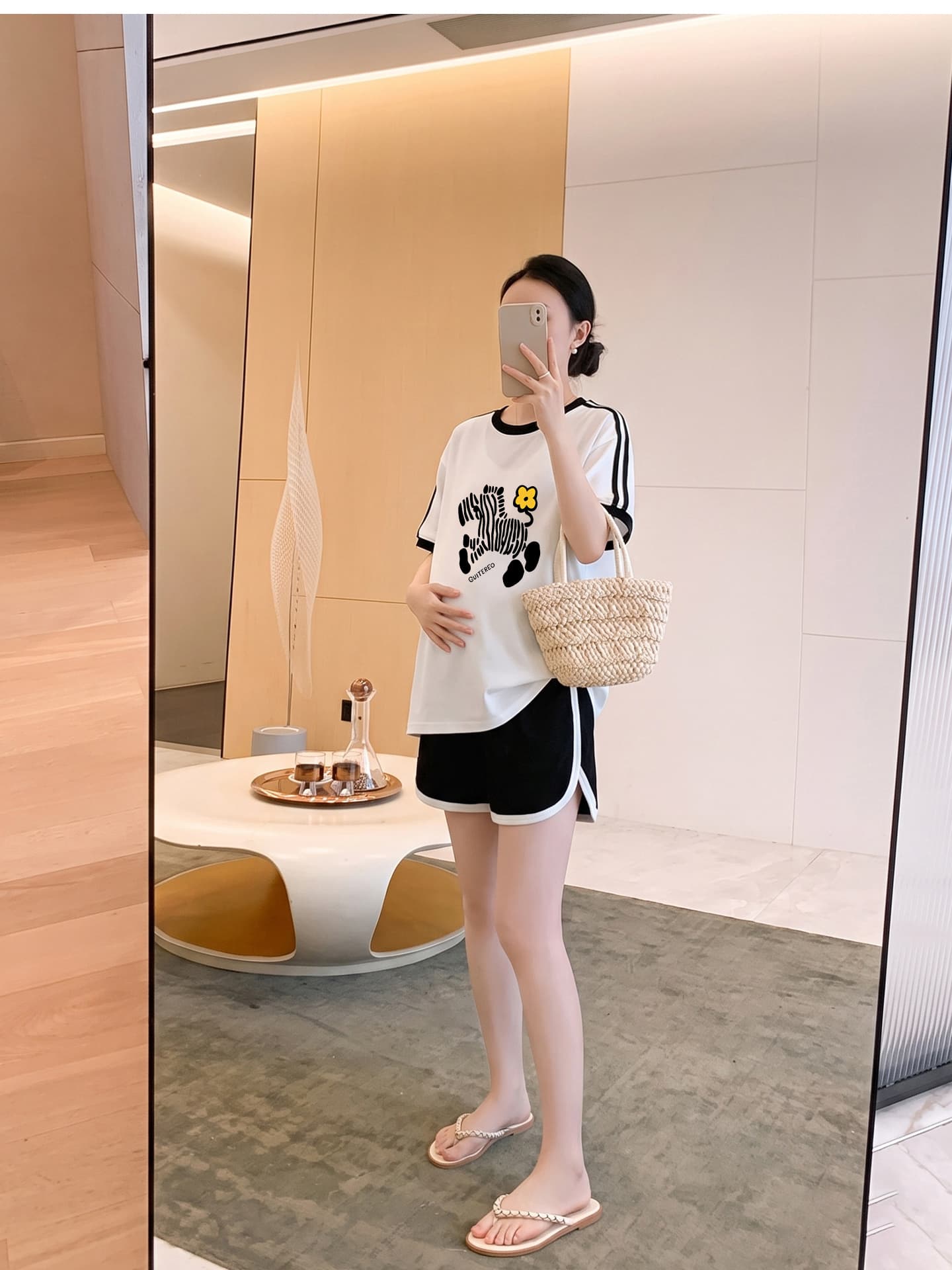 임산부 세트 여름 새로운 한국 스타일 루즈핏 패션 임산부 투피스 세트 맨위 반바지 상세 이미지 6
