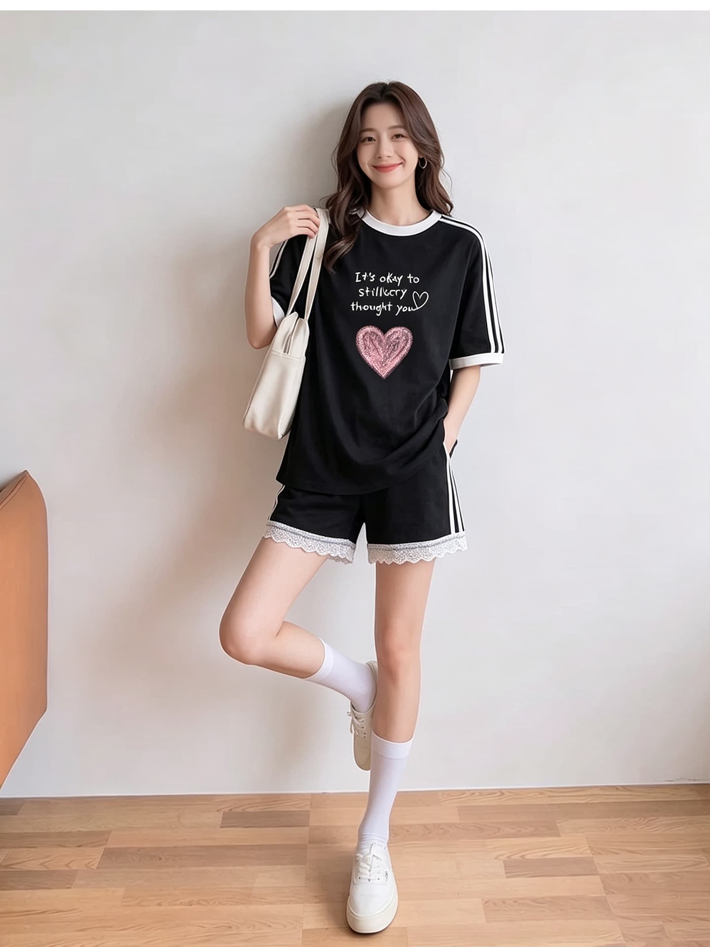 임산부 세트 여름 새로운 한국 스타일 루즈핏 패션 임산부 투피스 세트 맨위 반바지 상세 이미지 7