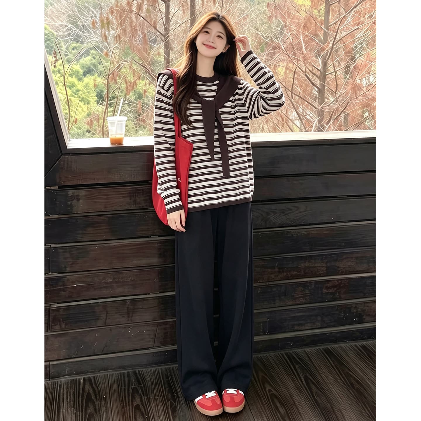 출산 착용 스웨터 와이드 레그 팬츠 세트 봄 가을 맨위 루즈핏 캐주얼 외국 가스 연령 감소 긴팔 이미지 4