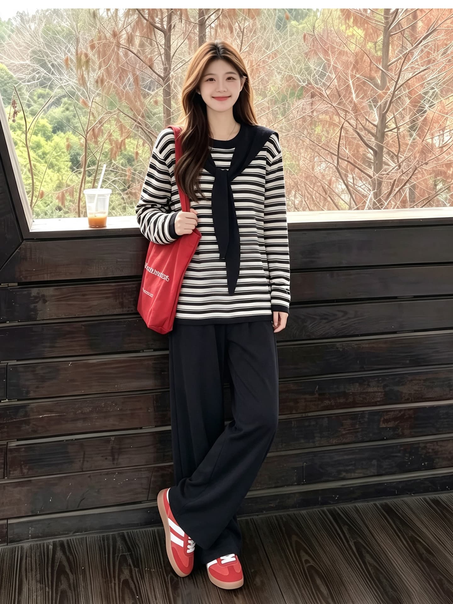 출산 착용 스웨터 와이드 레그 팬츠 세트 봄 가을 맨위 루즈핏 캐주얼 외국 가스 연령 감소 긴팔 상세 이미지 5