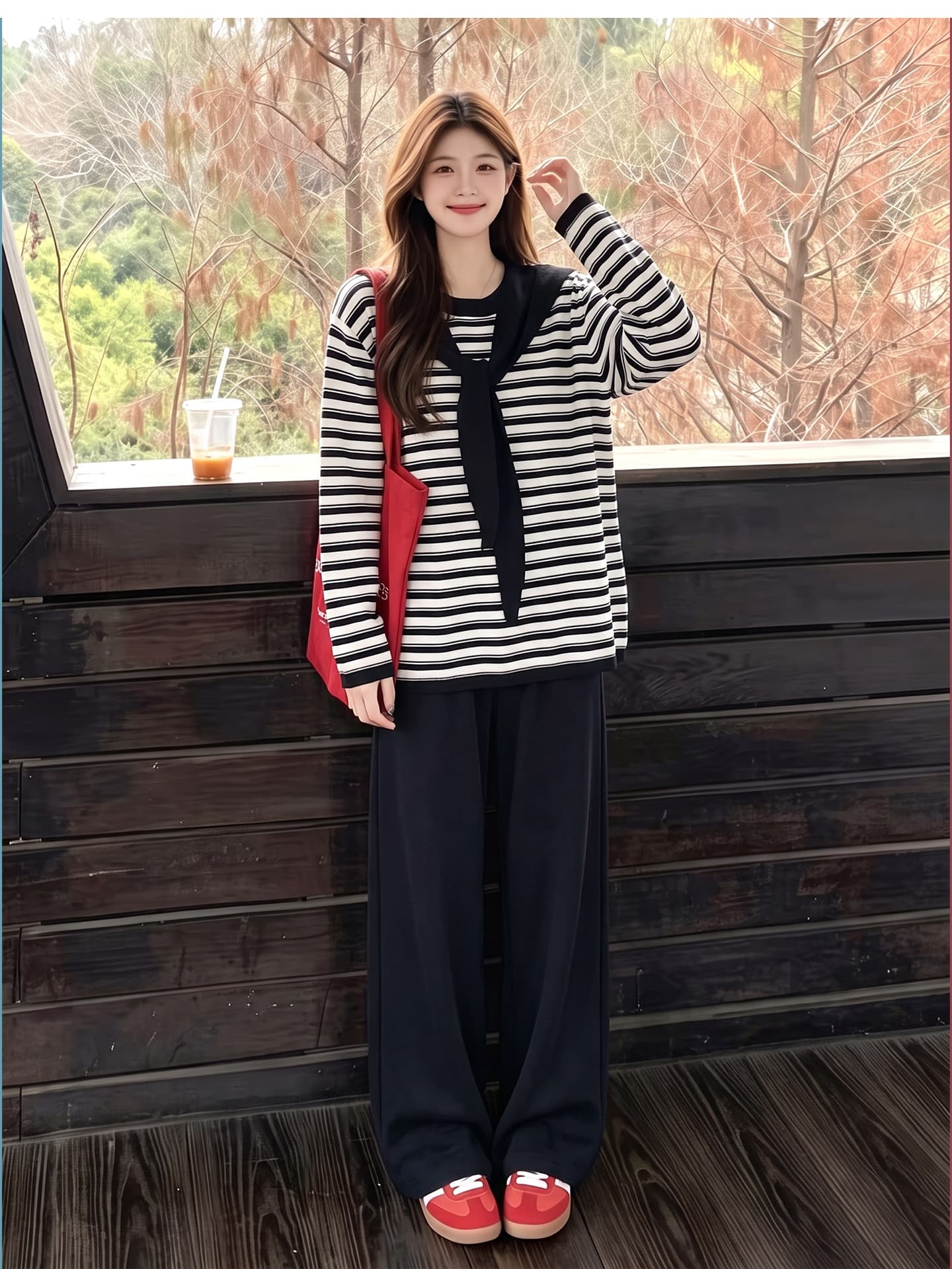 출산 착용 스웨터 와이드 레그 팬츠 세트 봄 가을 맨위 루즈핏 캐주얼 외국 가스 연령 감소 긴팔 상세 이미지 11